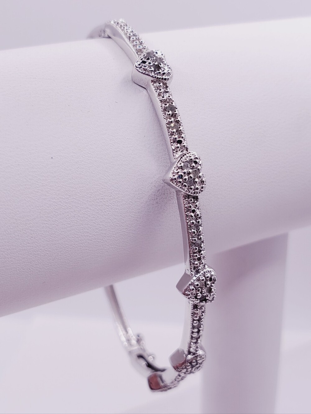Genuine Diamond Accent 925 Sterling Silver Heart Bangle Bracelet
